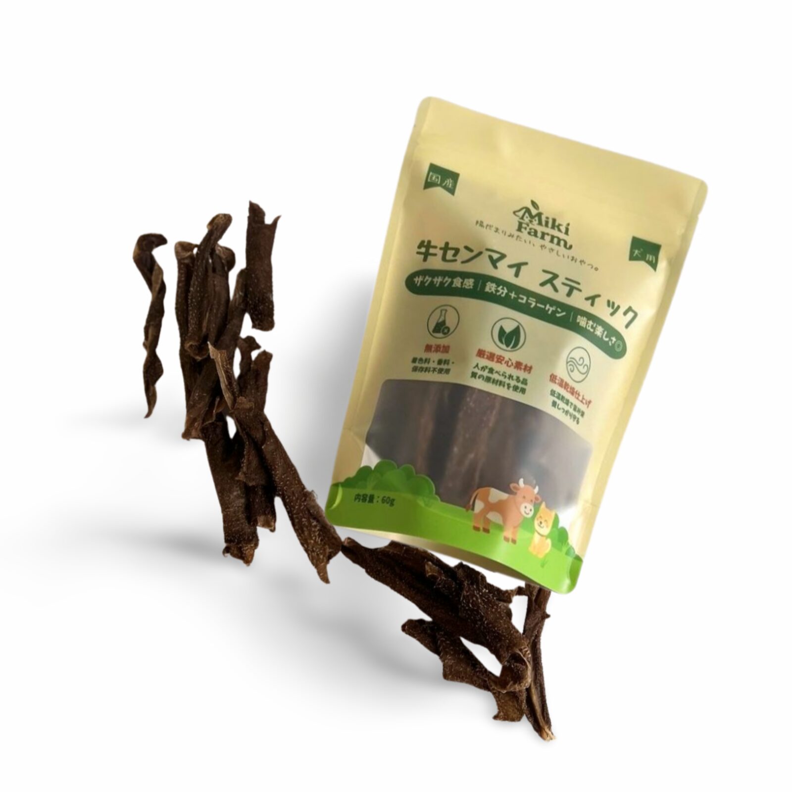 Miki Farm 牛センマイスティック(国産・無添加)。国産牛センマイを低温乾燥したコリコリ食感の犬用おやつ。