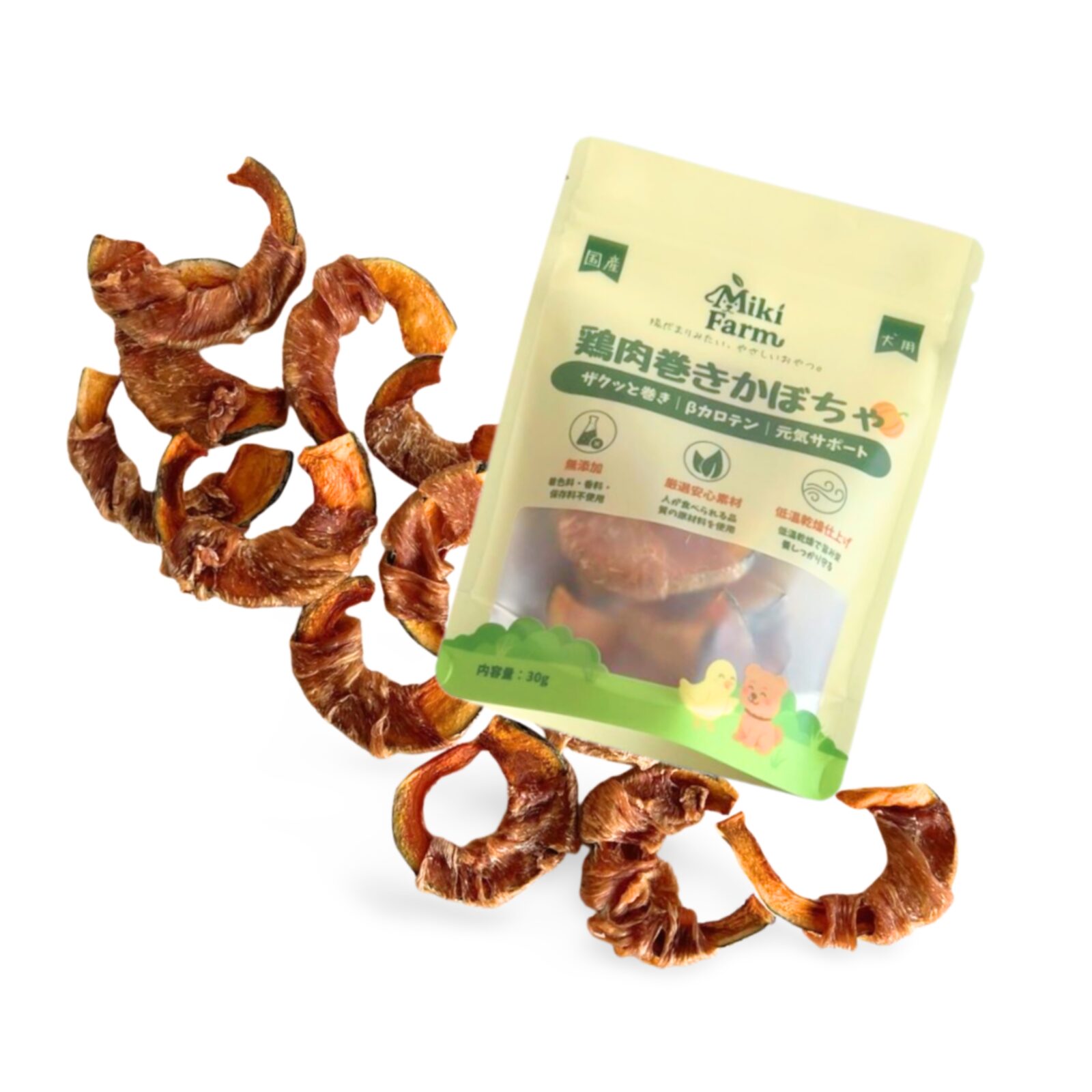 Miki Farm 鶏砂肝姿干し(国産・無添加)。 国産鶏砂肝を丸ごと低温乾燥した、コリコリ食感と香ばしさが特徴の犬用無添加おやつ。